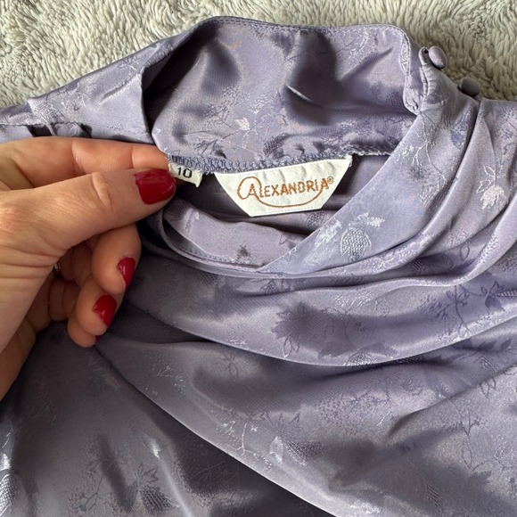 Vintage Alexandria Purple Satin Floral Jacquard Mock Neck Puff Sleeve Blouse 10 - Picture 2 of 8